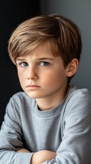 A young boy, wearing a serious expression, is seated indoors, quietly reflecting during a serene moment in the gentle afternoon sunlight