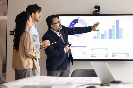 Confident mature Indian business teacher man training diverse young employees, students, interns, explaining statistic marketing data on presentation board, pointing at large display