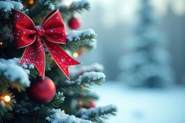 Snowy tree branches with red white Christmas bow, seasonal, ornaments, red bow