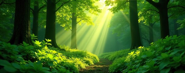 Obraz premium Lush forest foliage with sunlight filtering through leaves, green canopy, foliage, leaves