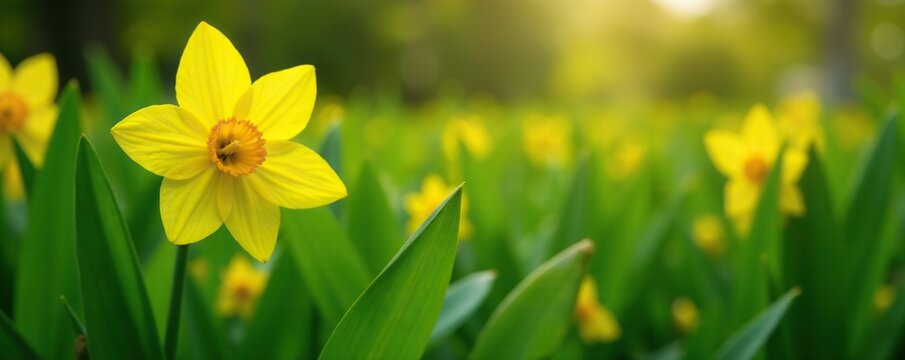 Bright yellow blooms on lance-shaped leaves in a garden, petals, spring