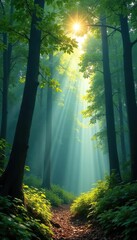 Forest canopy overhead, sunlight filtering down, forest, foliage