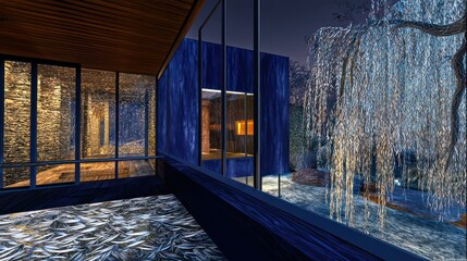 Fototapeta premium An avant-garde abode with a midnight blue exterior and driftwood accents
