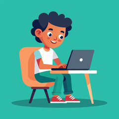 a boy is using his laptop vector