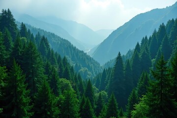 Fototapeta premium Overhead vista of towering redwoods in misty surroundings, mountains, evergreen, foliage