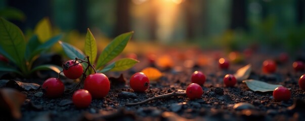 Soft focus of glowing berries on the forest floor, soft focus, glow