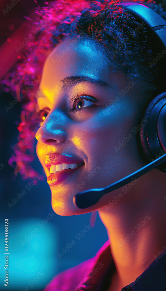 Poster dynamic call center agent engaging with modern communication interface in vibrant lighting