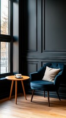 Cozy corner with a blue chair and a cup of coffee, showcasing a modern design in a stylish interior space
