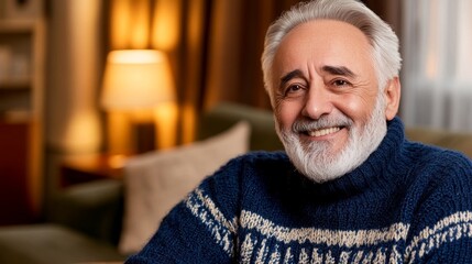 Smiling elderly man in cozy sweater sitting comfortably in a warmly lit living room