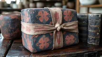 Fototapeta premium Clay gift wrapped in fabric, pottery studio background