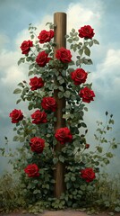 Naklejka premium A stunning display of vibrant red roses gracefully climbs a rustic wooden post, all set against a tranquil sky in a lovely outdoor garden