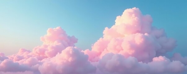 Fototapeta premium Pastel pink clouds drift across a blue sky with white fluffy textures, atmospheric conditions, serene atmosphere