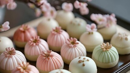 Elegant display of assorted pastelcolored japanese sweets with floral decoration