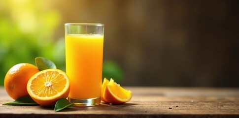 Fototapeta premium Freshly squeezed orange juice on a wooden table, healthy, juice, D