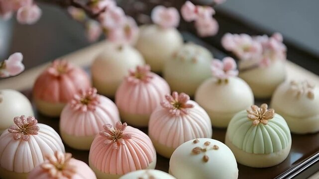 Elegant display of assorted pastelcolored japanese sweets with floral decoration