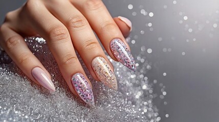 Elegant Almond-Shaped Nails with Glitter Gradient suitable for business background, posters, wallpapers, banners, greeting cards, and advertising for business entities or brands.
