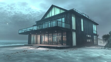 Fototapeta premium An elegant beach house with polished obsidian wood cladding and ghostly pale walls
