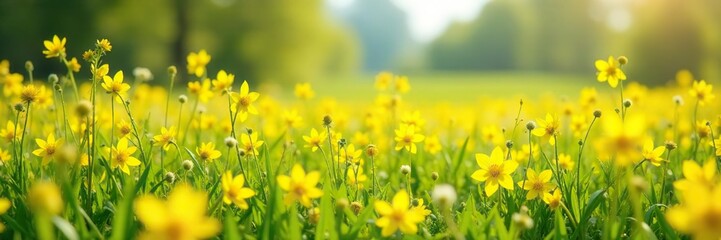 Obraz premium Sunny meadow filled with bright yellow forsythia and wildflowers, forsythia, meadow
