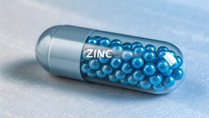 Naklejka premium Close-up photo of modern futuristic-looking metallic capsule filled with shiny blue beads, with the label 'Zinc', isolated on a soft background.
