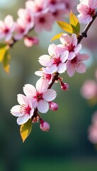 Obraz premium Cherry blossom branches with tiny flowers and green leaves, flowers, spring, nature