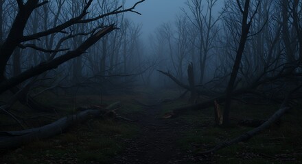 Obraz premium Dark Foggy Forest Path Mystical Nature Scene