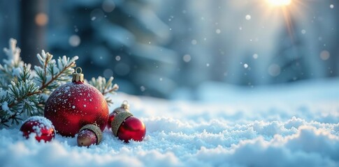 Icy frosty winter landscape with Christmas balls and acorns scattered on the ground, winter, christmas