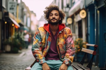 A man wearing a colorful jacket sits on a bench in a city street