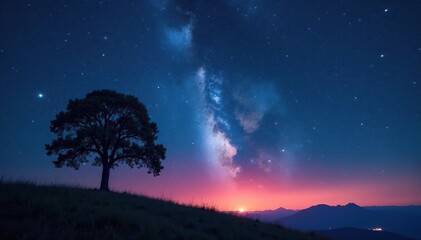 Starry night with a lone tree and glowing star trails, atmospheric, glow, night sky