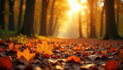 Warm sunlight casts a gentle glow on fallen leaves, forest, trees, warmth