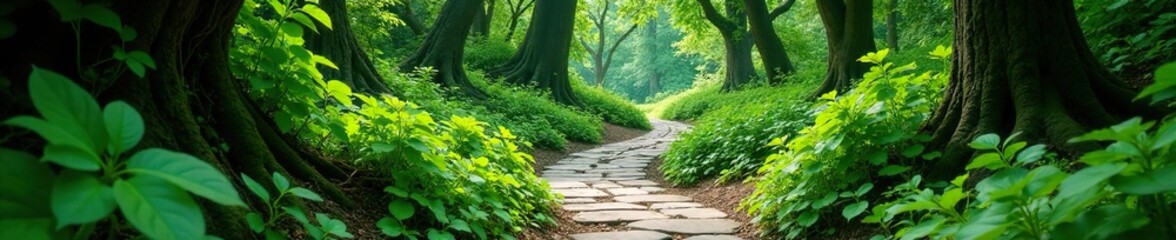 Fototapeta premium Ancient stone path winding through lush greenery, vines, forest, nature