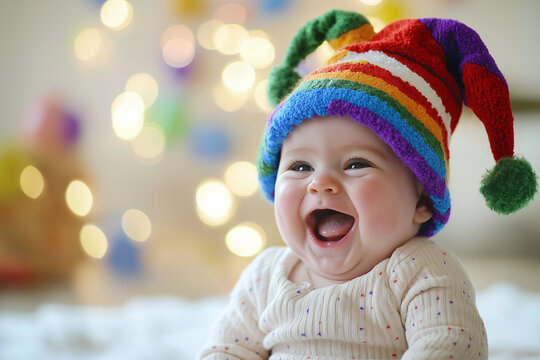 Smiling baby in rainbow jester hat with festive lights