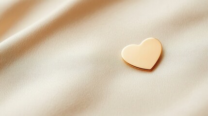Fototapeta premium golden heart-shaped pendant lying on a soft beige fabric, studio lighting, minimalistic style