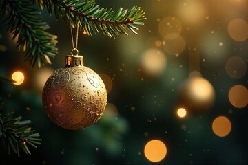 Delicate gold ornaments suspended from a branch, Festive, Holiday, Sparkling