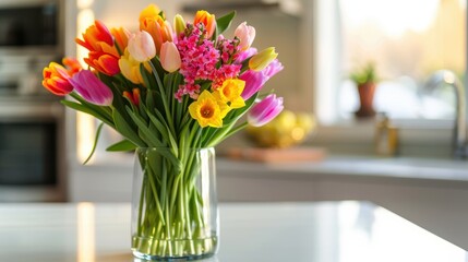 Fototapeta premium Spring Floral Arrangement with Tulips, Daffodils, and Hyacinths for Home Decor