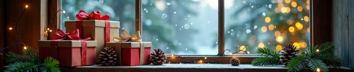 Naklejka premium Frosted glass window with stacked Christmas boxes, pinecones, and ferns, cozy atmosphere, pinecones