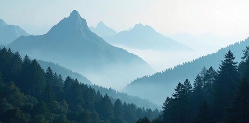 Obraz premium Foggy mountain peaks with towering trees in the foreground, landscape, misty