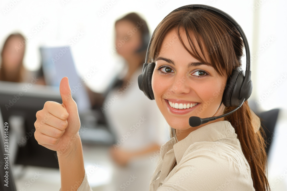Poster smiling call center agent with headset and thumbs up for customer support and office teamwork