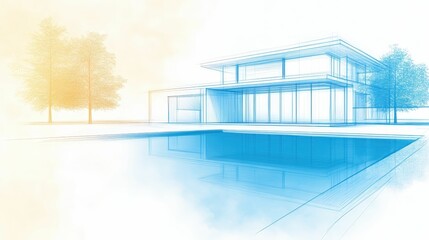 Fototapeta premium Digital architectural plan with blue and white tones, clean modern design, sharp detail, professional aesthetic