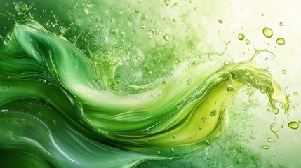 Vibrant green liquid splash with bubbling droplets in motion
