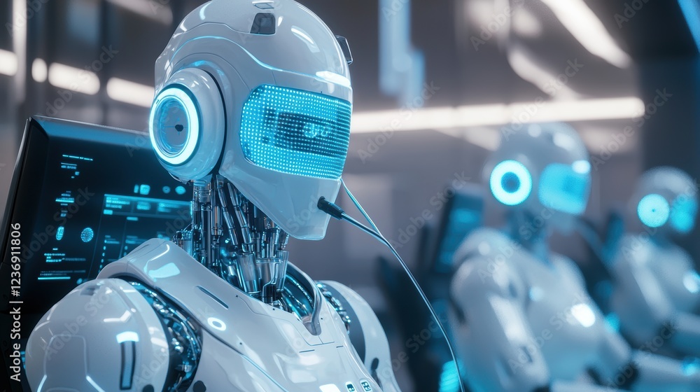 Poster futuristic call center with human and robotic assistant interaction for tech innovations