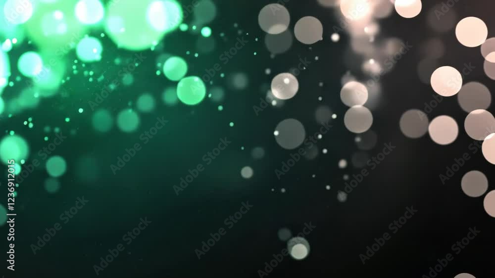 Poster natural organic dust particles floating on black background with bokeh effect and soft green glow fo