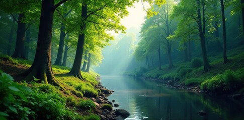 Fototapeta premium Forest landscape with tall trees and dense foliage near riverbanks, serene scene, forest