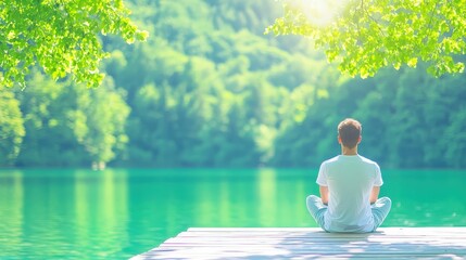 Fototapeta premium Man sitting on a pier enjoying the serene lake view, tranquil natural setting with vibrant greenery and bright natural sunlight
