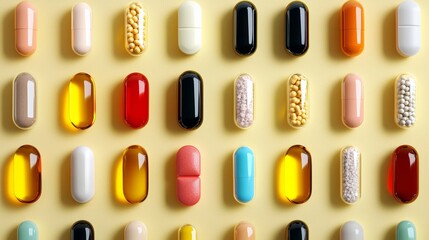 Diverse Capsules and Pills Arranged on Soft Yellow Background