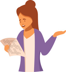 Girl holding crossword puzzle and explaining solution with hand gesture