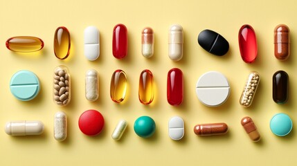 Variety of Vitamins and Supplements in Different Colors and Shapes