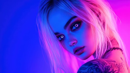 Fototapeta premium Portrait of a young woman with glowing tattoos, stylish and captivating atmosphere