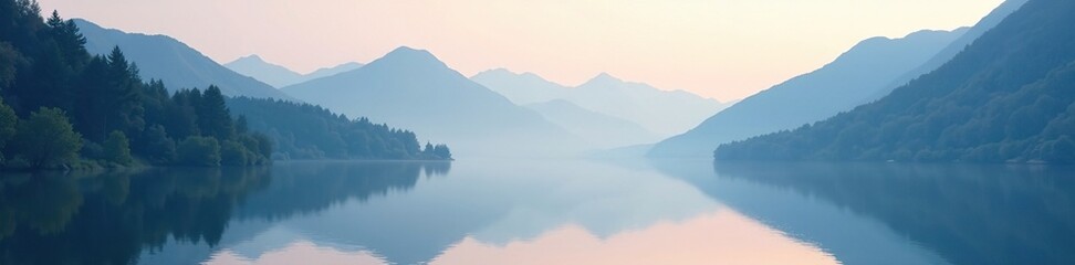 Fototapeta premium Soft focus painting of a misty mountain range with a serene lake in the foreground, mountain, peaceful