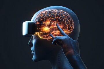 Obraz premium Dynamic 3D graphic of a hand using a virtual reality glove to direct traffic in a heada??s brain, managing the flow of thoughts.