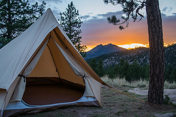 Sunset view from a camping tent in the mountains